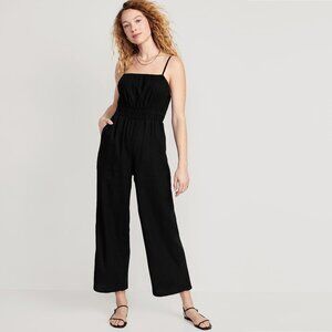 2/$30 Old Navy Waist-Defined Linen-Blend Cropped Smocked Cami Jumpsuit M #8774